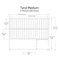 Tyrol Medium cabin sauna floor plan with dimensions, showing two benches, vertical wood paneling, and front door entrance