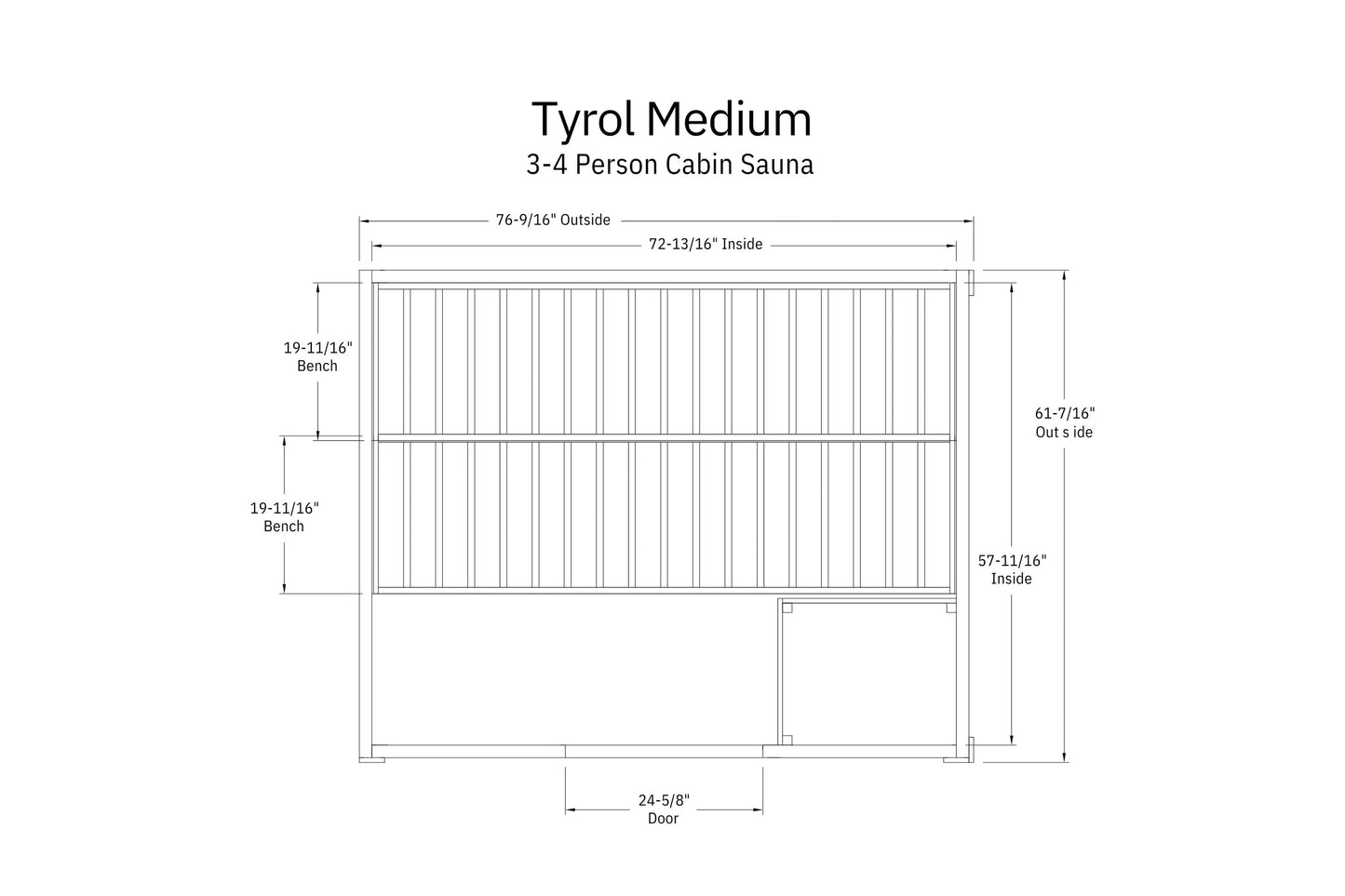 Tyrol Medium cabin sauna floor plan with dimensions, showing two benches, vertical wood paneling, and front door entrance