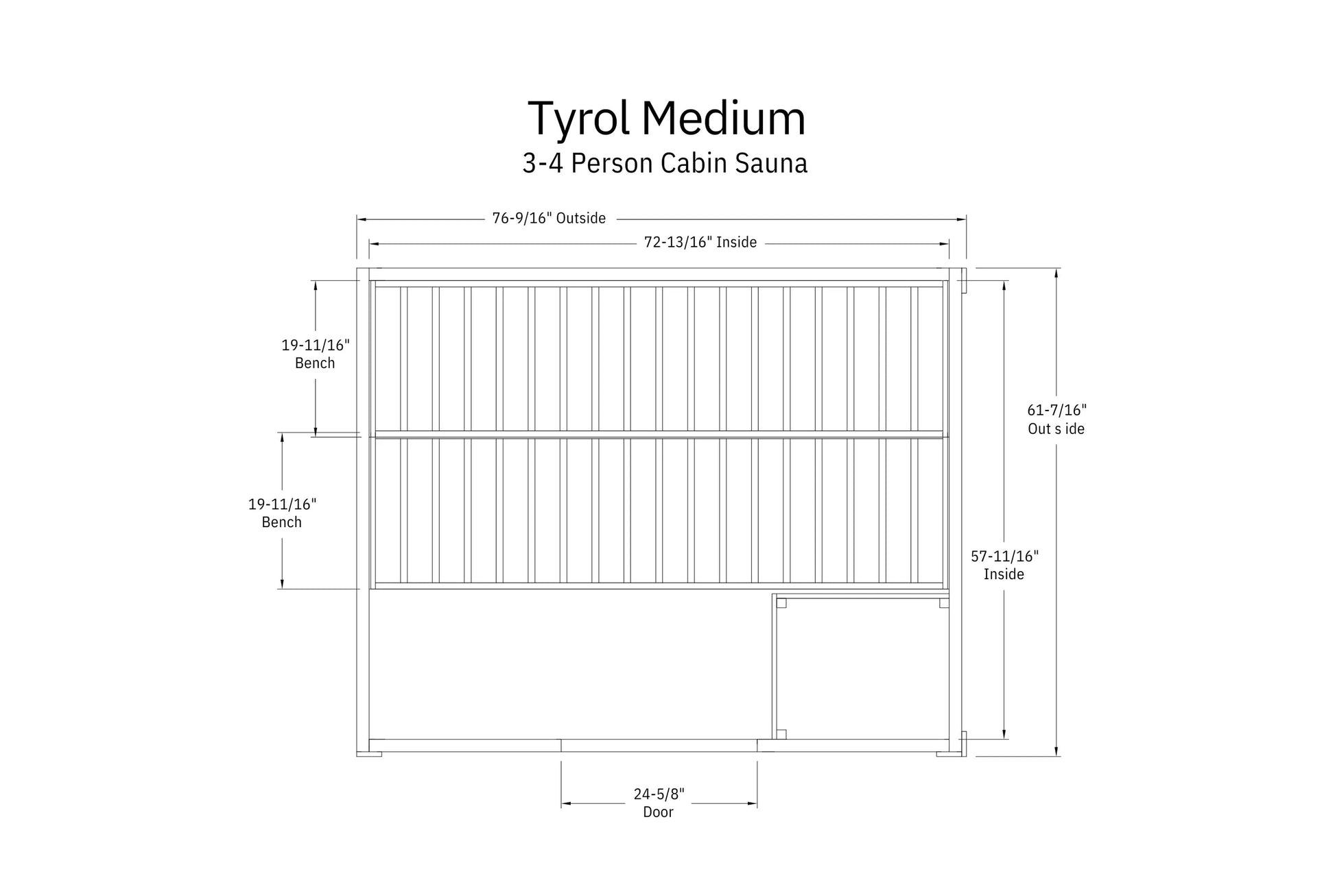 Tyrol Medium cabin sauna floor plan with dimensions, showing two benches, vertical wood paneling, and front door entrance