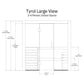 Tyrol Large View 3-4 person indoor sauna technical schematic showing dimensions, bench layout, and door specifications