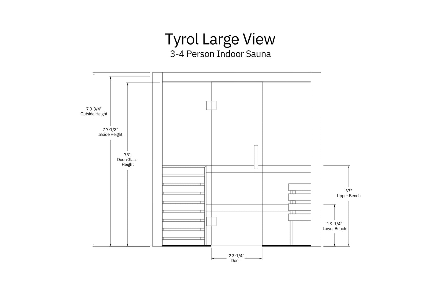 Tyrol Large View 3-4 person indoor sauna technical schematic showing dimensions, bench layout, and door specifications