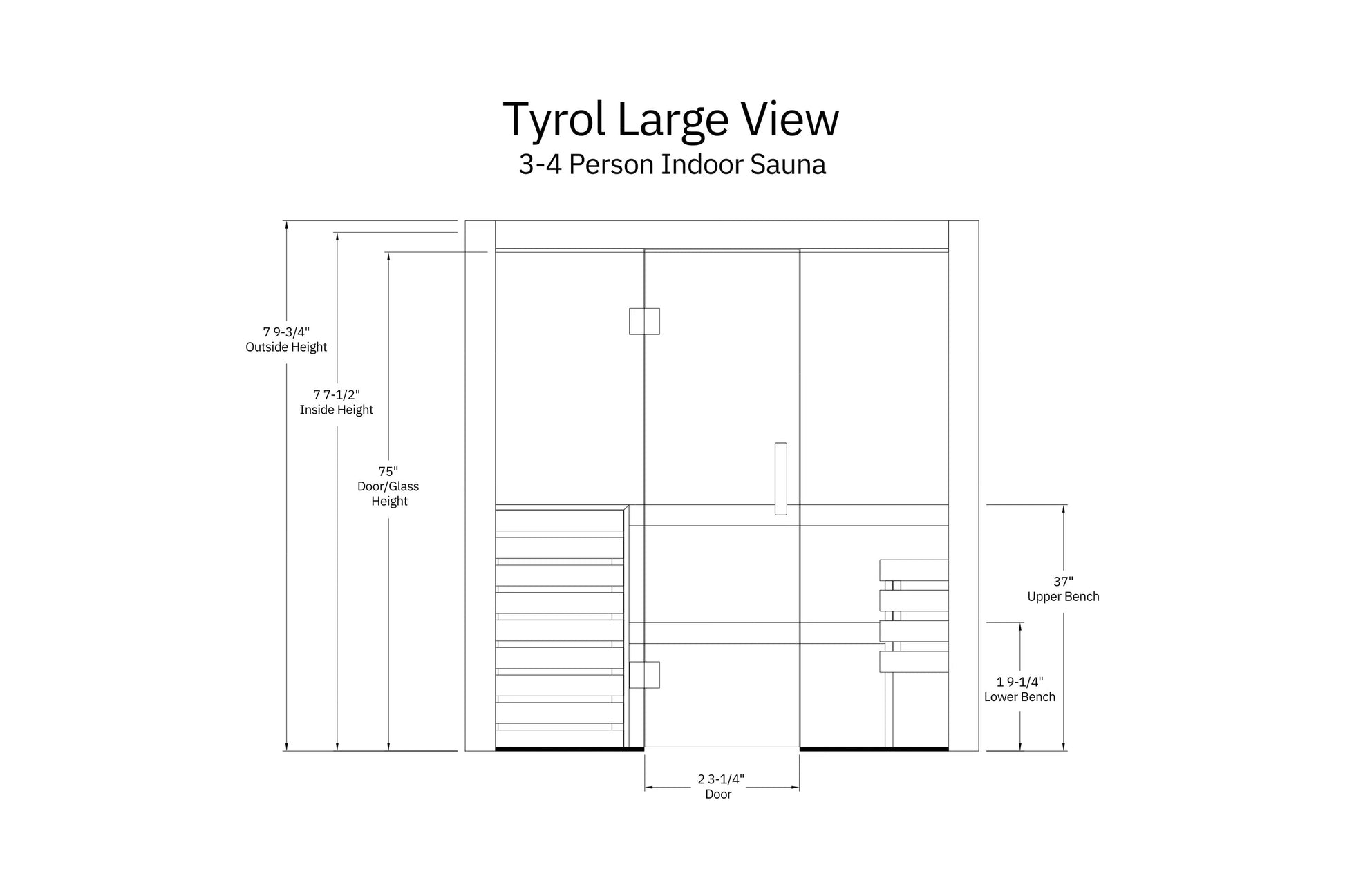 Tyrol Large View 3-4 person indoor sauna technical schematic showing dimensions, bench layout, and door specifications