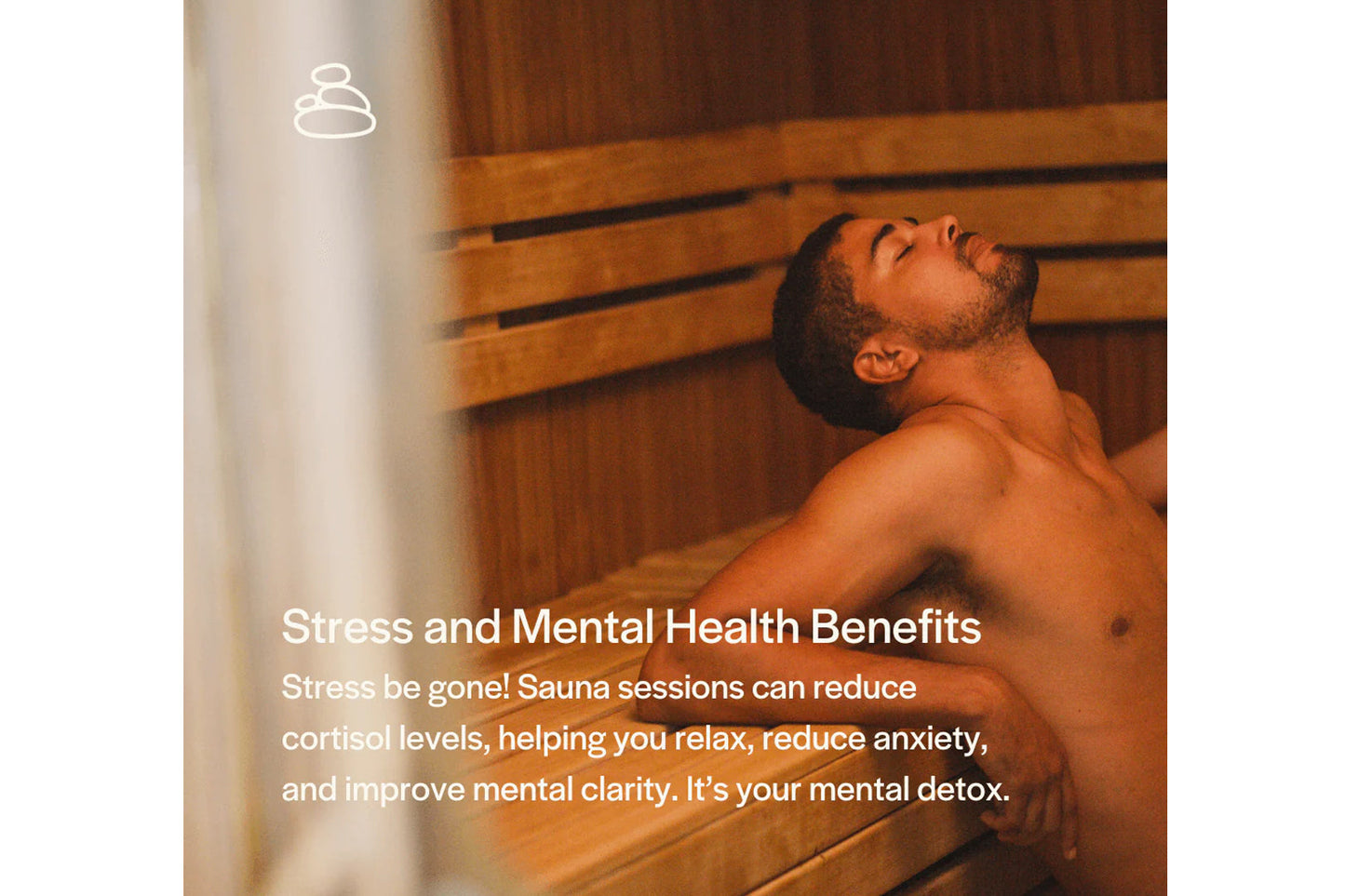 Man relaxing in wooden sauna with horizontal bench slats, shirtless, eyes closed, in spa setting