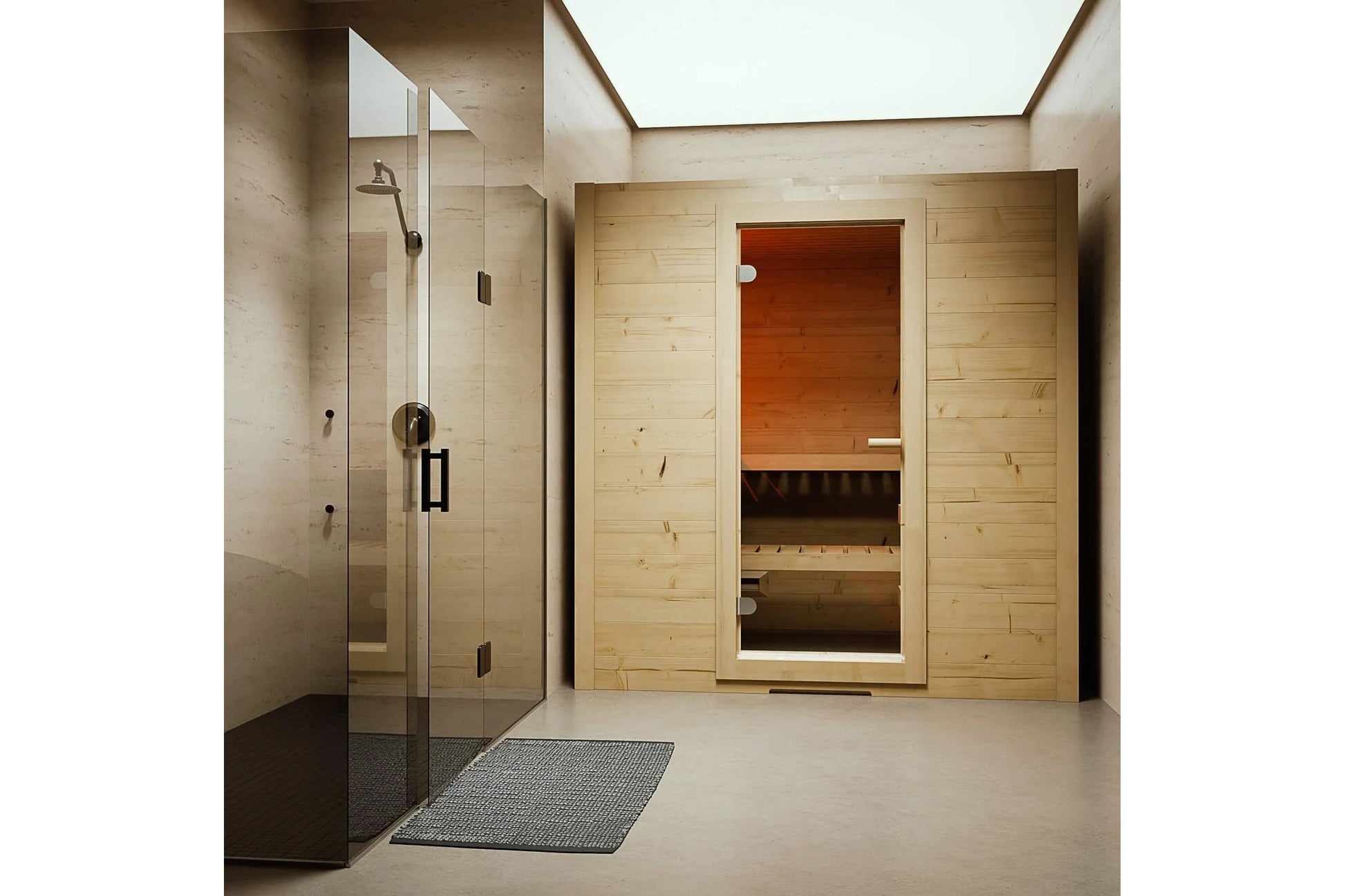 Almost Heaven Tyrol indoor sauna with light wood construction, glass shower enclosure, and cedar interior visible through ope