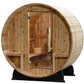 Round barrel sauna with light wood construction, glass door, wooden benches, and bucket visible inside, on black support base