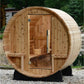 Almost Heaven Vienna 2-person barrel sauna with natural wood construction, open door showing interior bench seating and woode