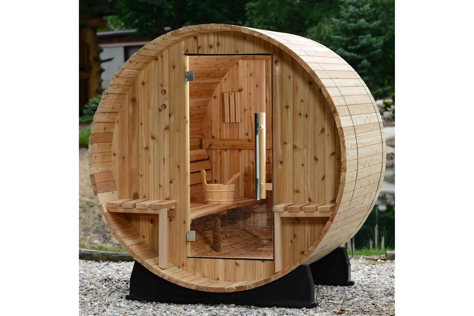 Almost Heaven Vienna 2-person barrel sauna with natural wood construction, open door showing interior bench seating and woode
