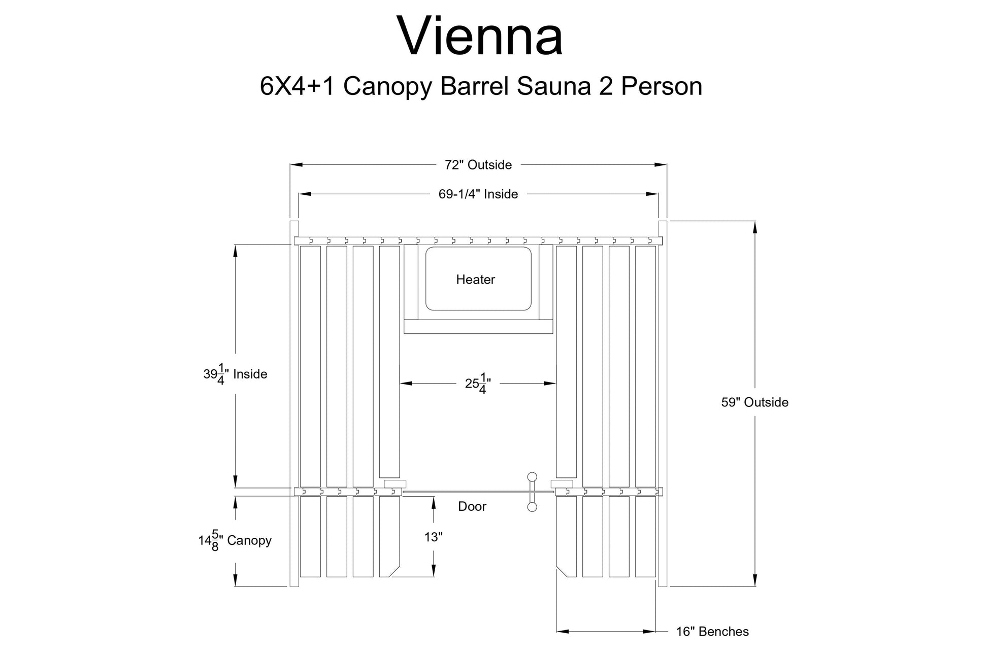 Vienna 6x4+1 canopy barrel sauna 2-person with technical dimensions diagram showing heater, door, and benches on white backgr