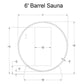 6-foot barrel sauna technical schematic showing cylindrical wooden design with measurements and interior door opening, front 