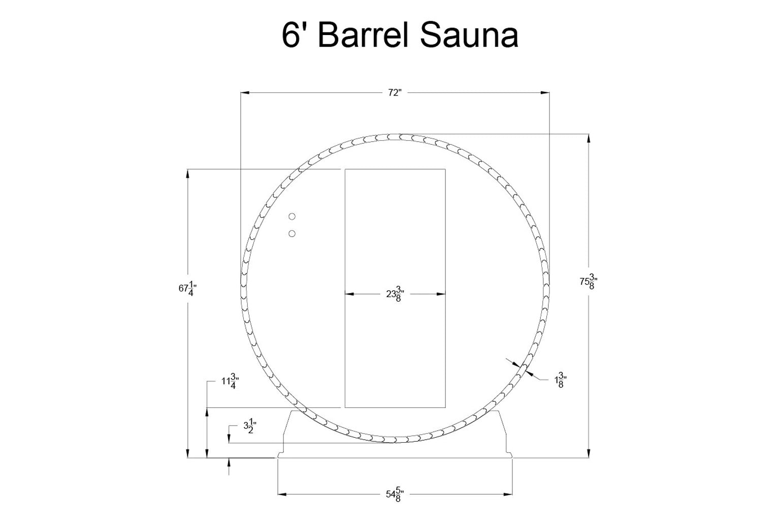6-foot barrel sauna technical schematic showing cylindrical wooden design with measurements and interior door opening, front 
