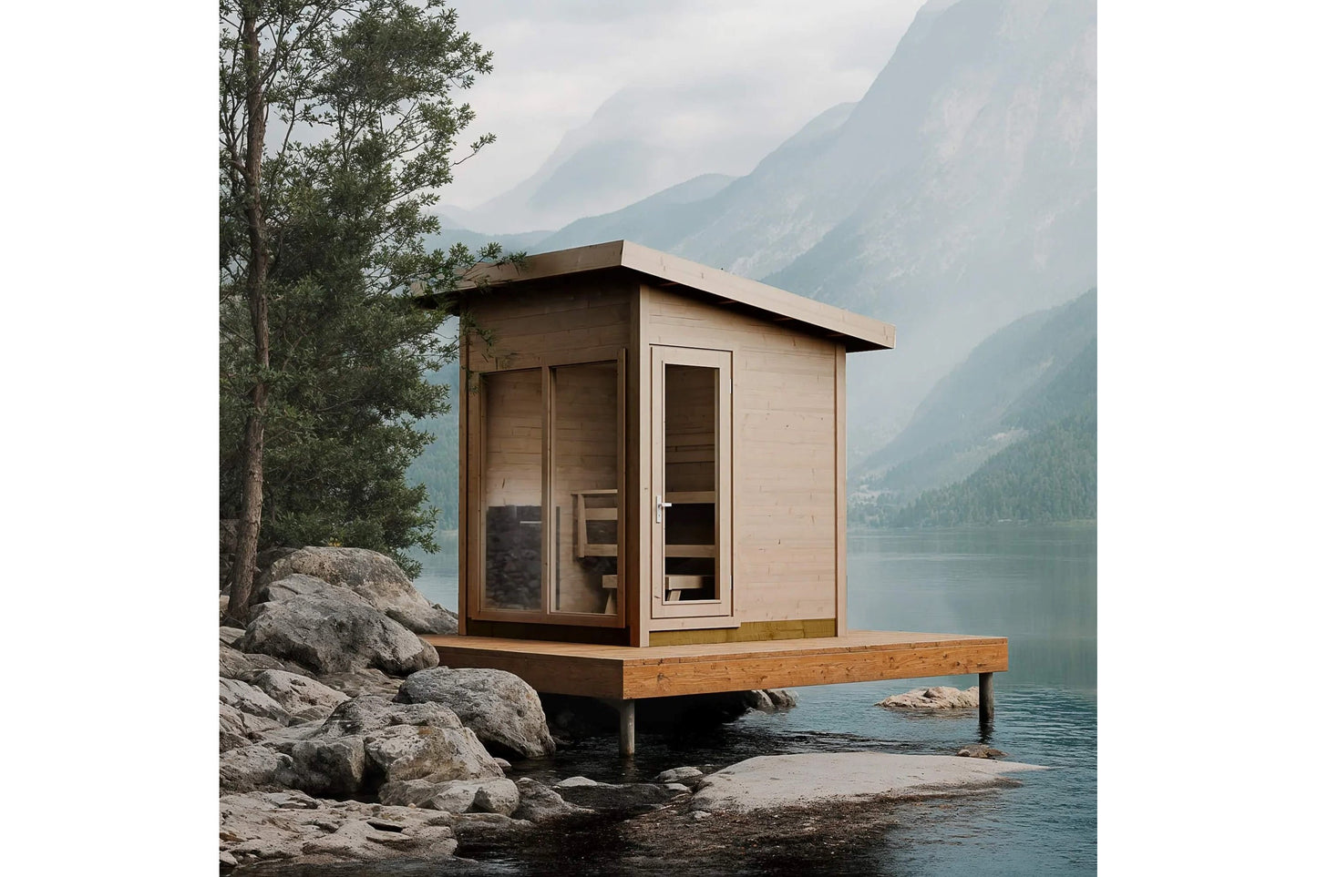 Modern wooden sauna with glass doors and windows on wooden deck, positioned at lakeside with mountains in background