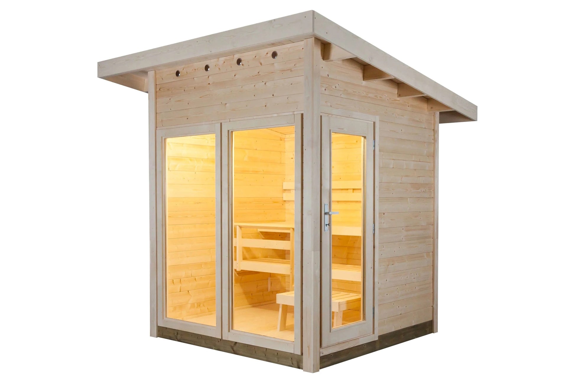 Natural wood outdoor sauna with glass door and window panels, illuminated interior showing wooden benches and light-colored p