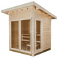 Natural wood outdoor sauna with glass doors and windows, wooden interior benches, and pitched roof on white background