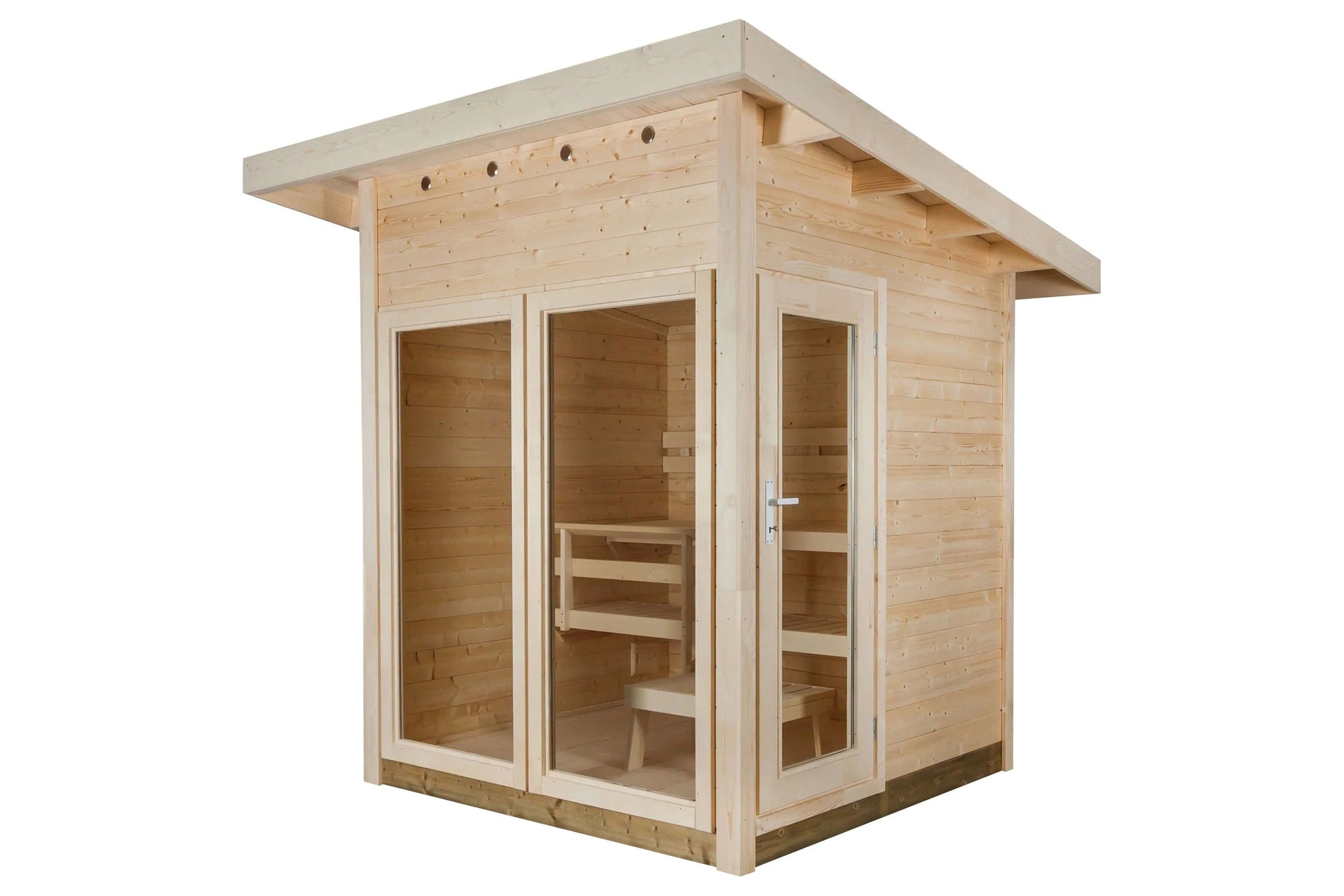 Natural wood outdoor sauna with glass doors and windows, wooden interior benches, and pitched roof on white background
