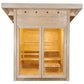 Natural wood 4-person outdoor sauna with glass double doors, wooden benches, and light pine interior on white background