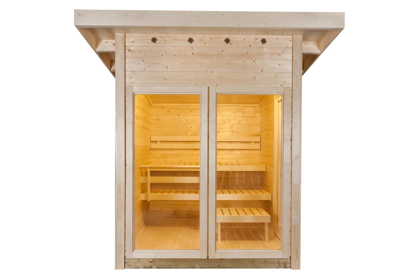 Natural wood 4-person outdoor sauna with glass double doors, wooden benches, and light pine interior on white background
