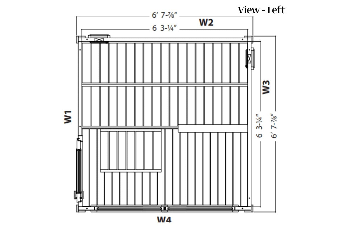 Technical schematic diagram showing left view of 4-person sauna with vertical slat design and dimension labels W1 through W4