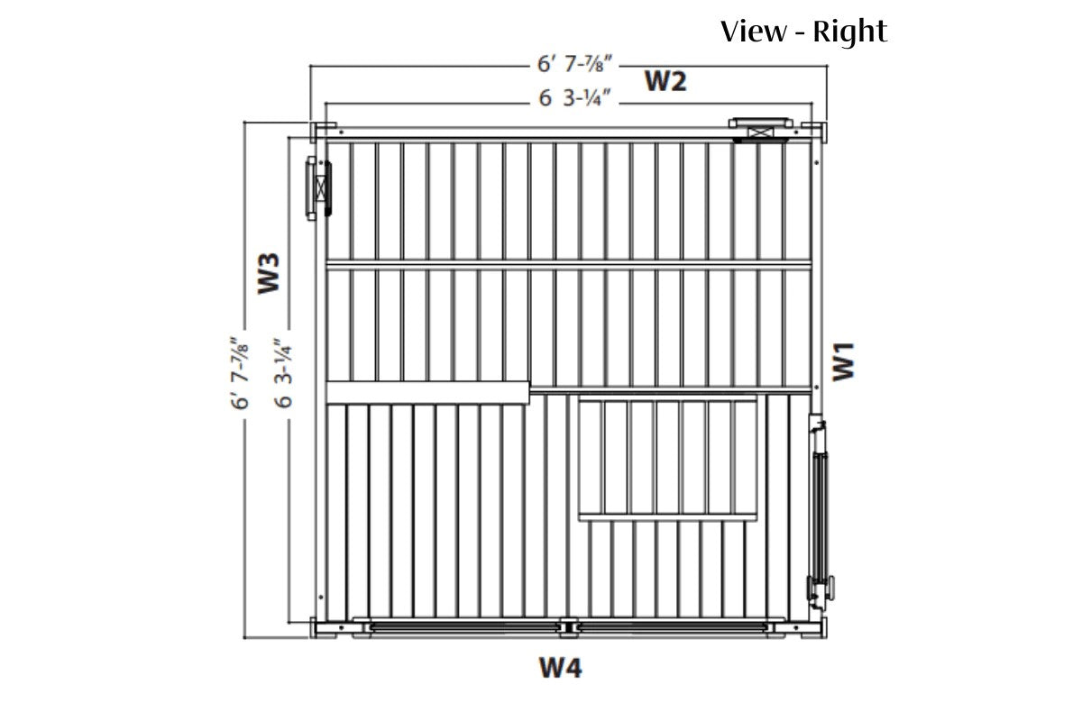 Technical schematic right view of Almost Heaven 4-person outdoor sauna showing vertical slat construction with multiple compa