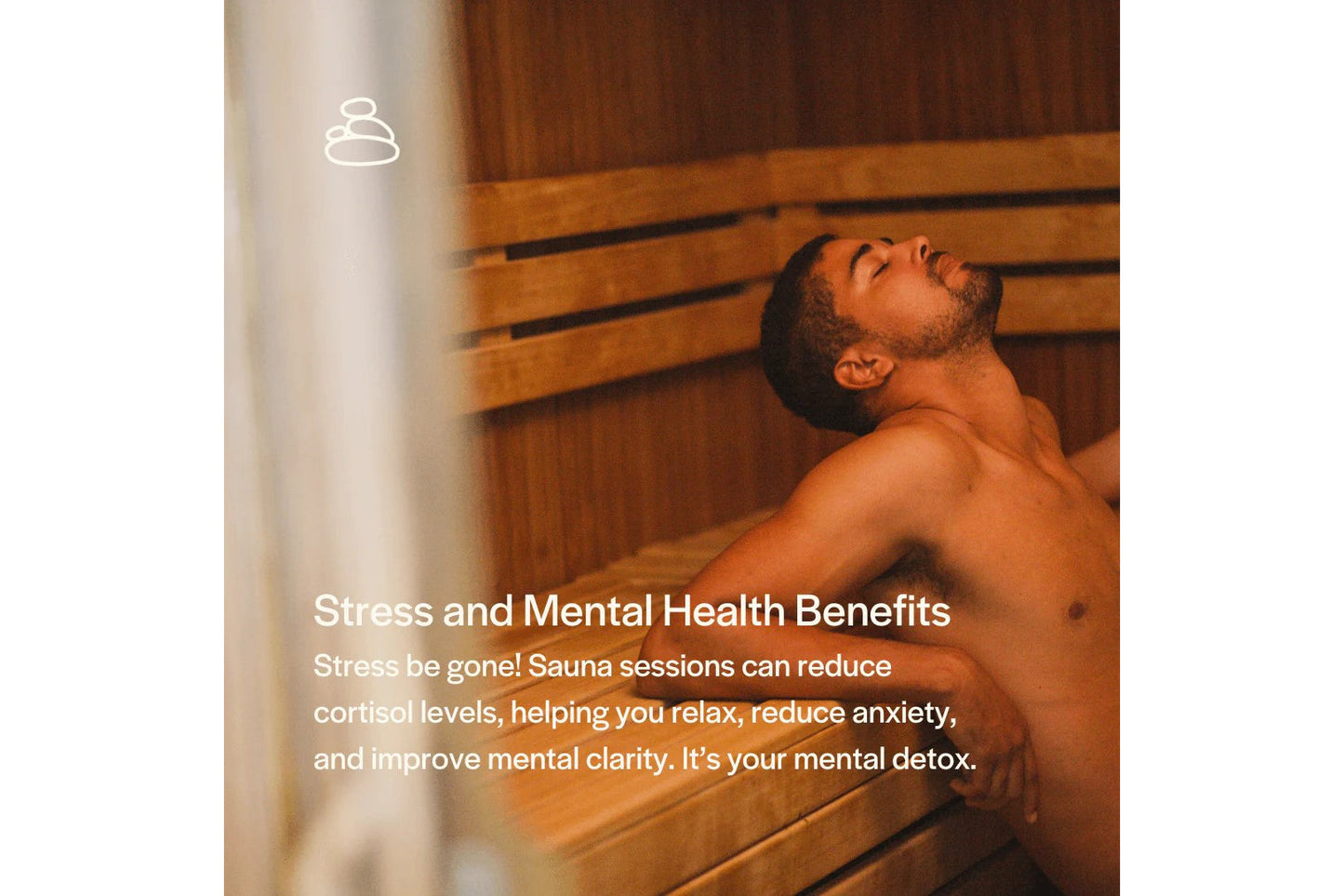 Man relaxing in wooden barrel sauna with horizontal slat design, eyes closed, demonstrating stress relief benefits