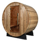 Barrel-shaped wooden sauna with natural cedar exterior, glass door, and black metal support base on white background