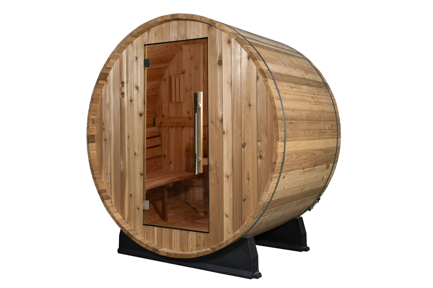 Barrel-shaped wooden sauna with natural cedar exterior, glass door, and black metal support base on white background