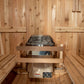 Almost Heaven Watoga 4-person barrel sauna interior with cedar wood benches, arched ceiling, and stainless steel heater with 