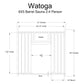 Watoga 6x5 barrel sauna technical diagram showing interior layout with heater, door, and bench dimensions for 2-4 person capa