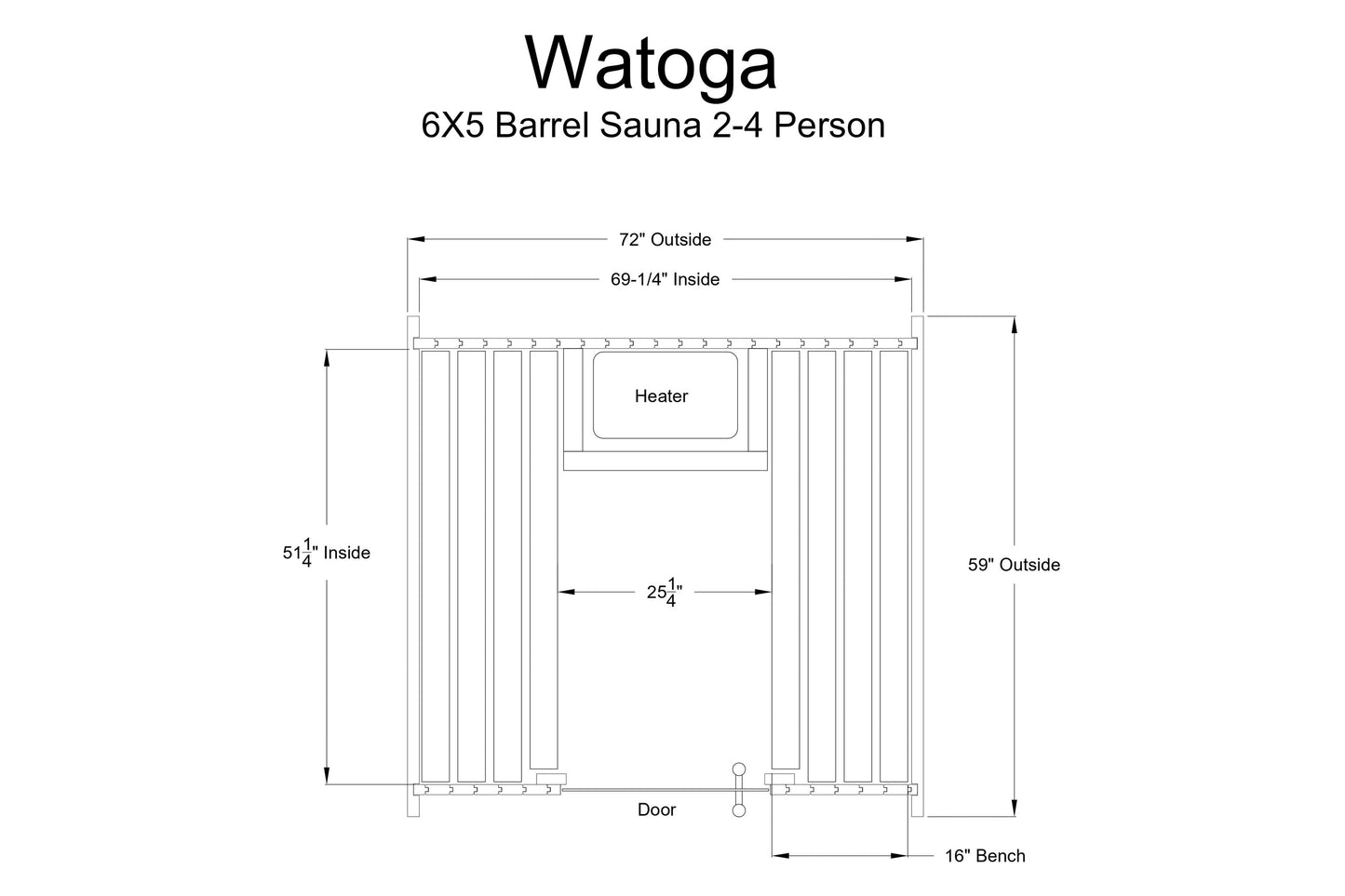Watoga 6x5 barrel sauna technical diagram showing interior layout with heater, door, and bench dimensions for 2-4 person capa