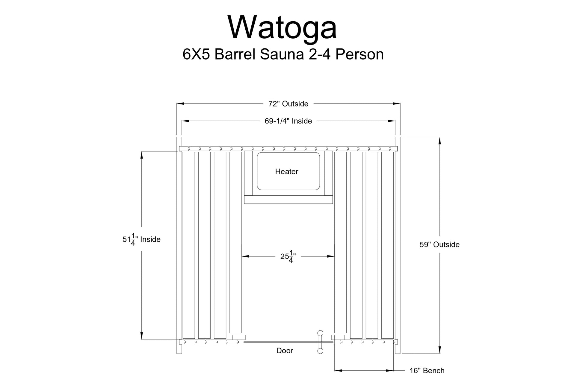 Watoga 6x5 barrel sauna technical diagram showing interior layout with heater, door, and bench dimensions for 2-4 person capa