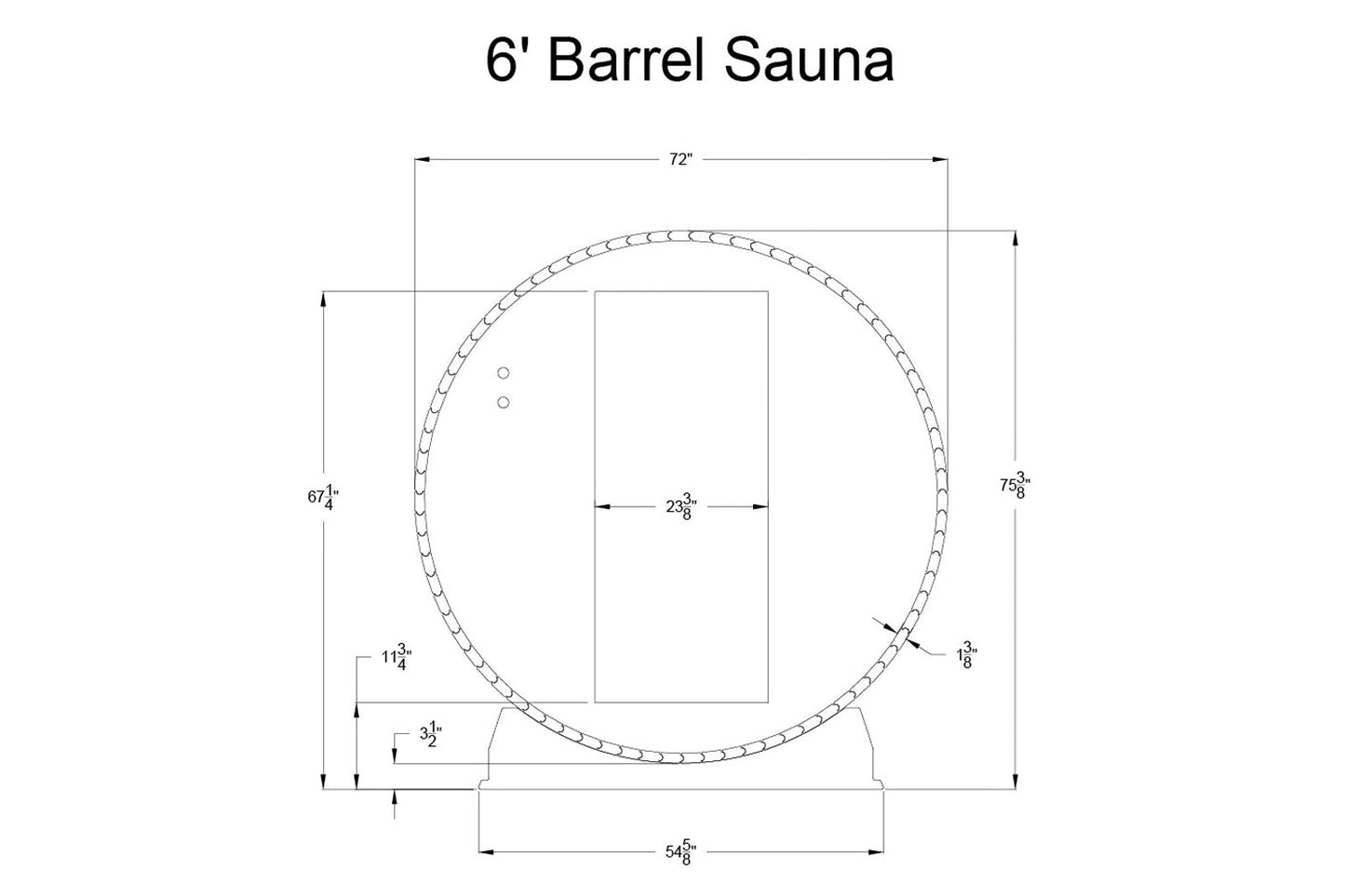 6-foot barrel sauna with curved wooden construction, rectangular door opening, and dimensional specifications shown in techni