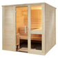 Light wood indoor sauna with glass doors, wooden benches, and ventilation grille on white background