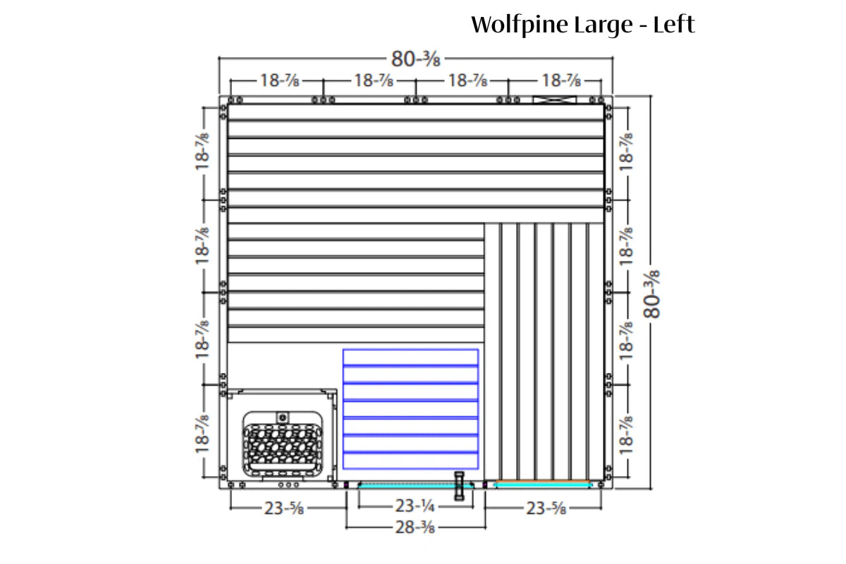 Wolfpine large sauna floor plan with dimensions, showing left view layout with horizontal bench seating sections, highlighted