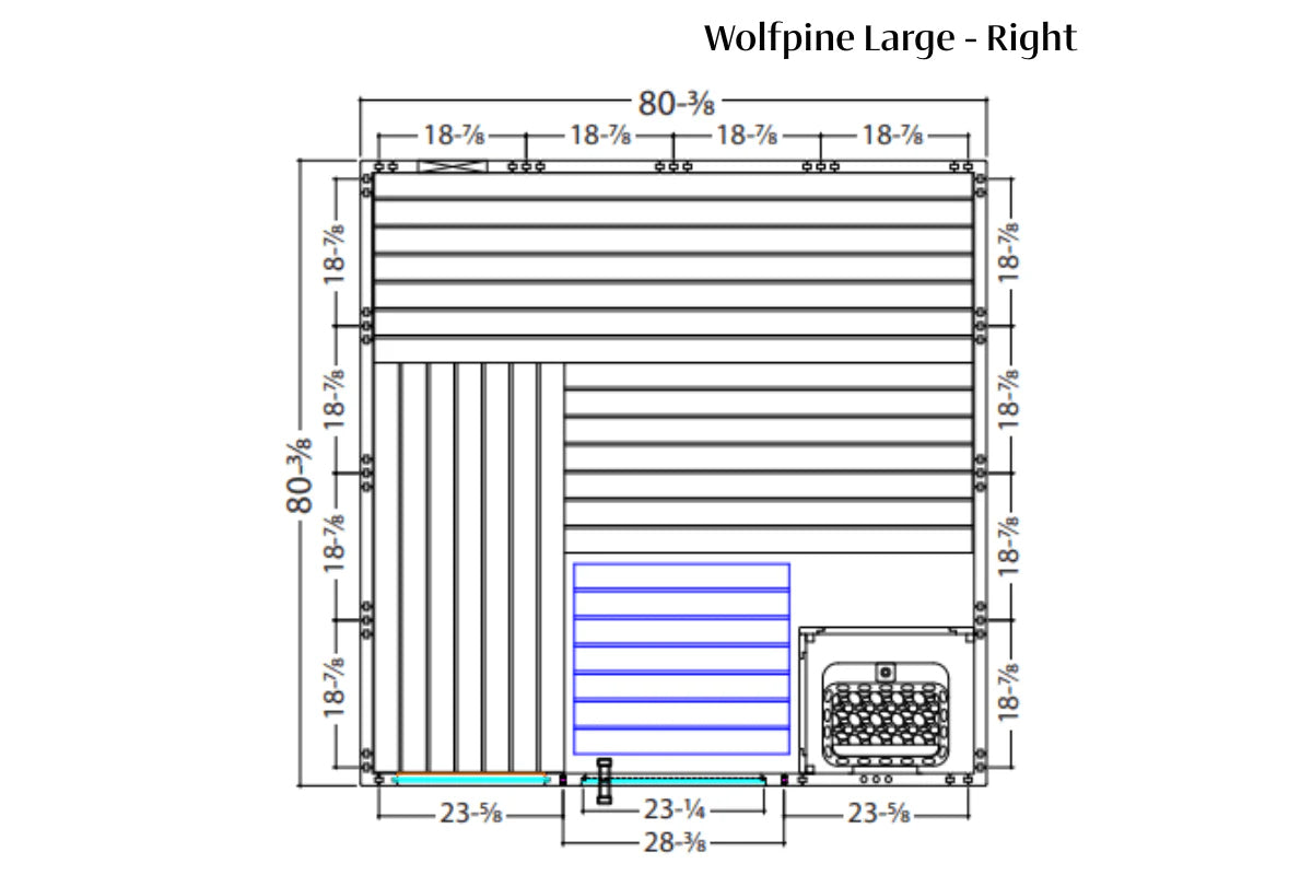 Wolfpine Large sauna floor plan diagram showing right side view with dimensions, horizontal slat seating in blue, and bench l