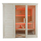 Natural pine wood sauna cabin with glass door, red cedar interior with lit red heating elements, benches, and wooden bucket v