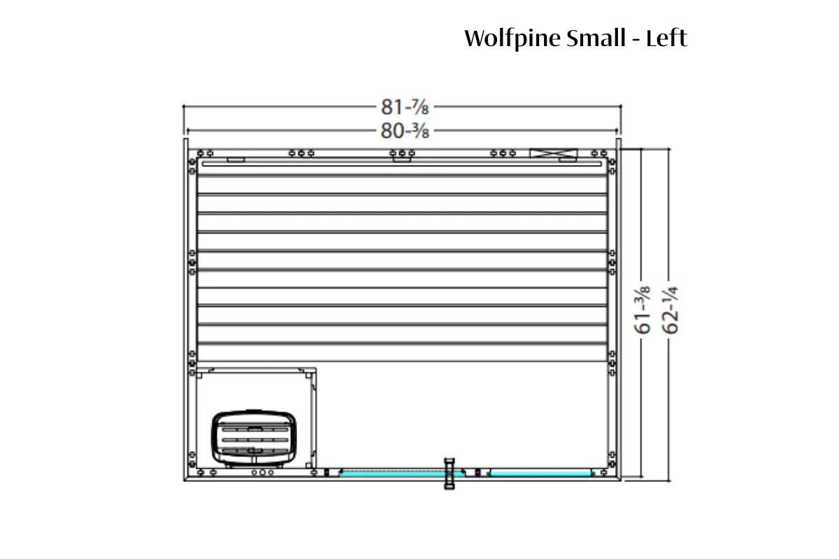 Wolfpine Small left sauna top view schematic showing dimensions 81-7/8 by 61-3/8 inches with horizontal slats and control pan
