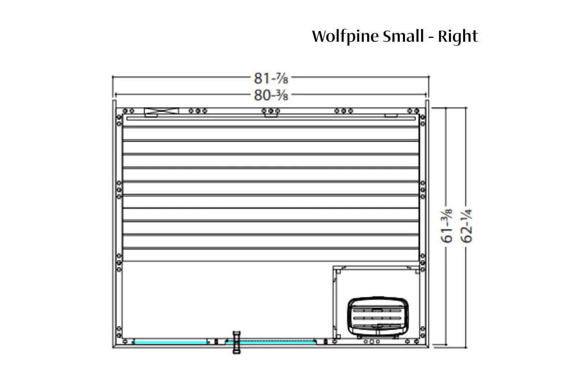 Wolfpine Small sauna right side view with dimension measurements showing 81-7/8 inches wide and 61-3/8 inches tall, featuring