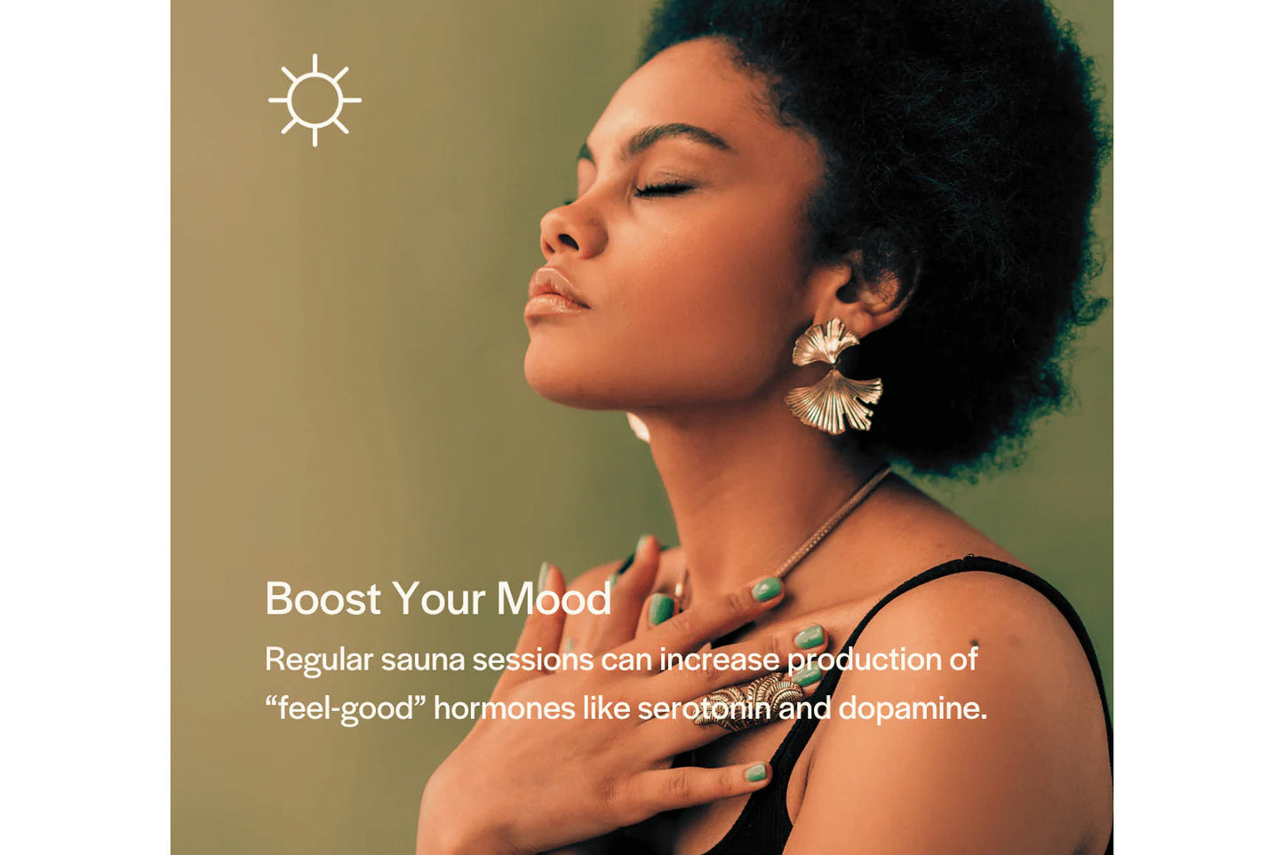 Woman wearing gold shell-shaped earrings and turquoise necklace against gradient green background with sun icon