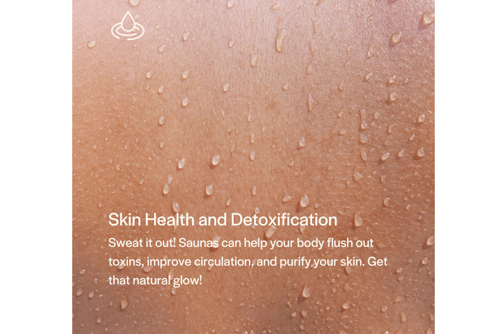 Close-up of moisturized skin with water droplets and white text about skin health benefits