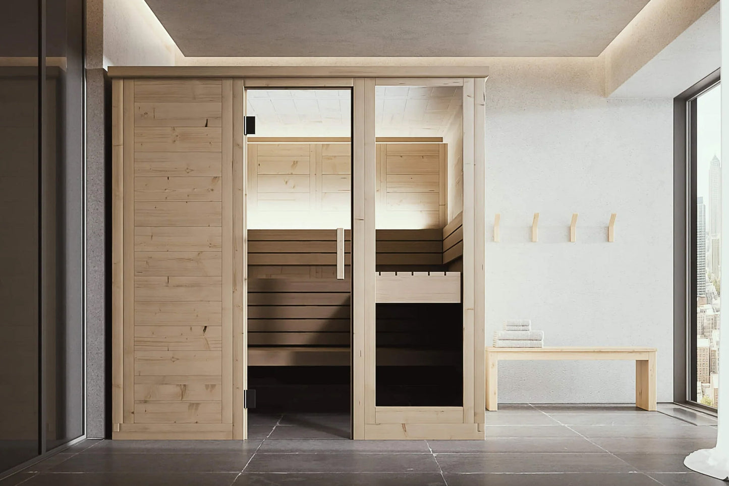 Light wood sauna with glass and wood panel doors, featuring interior wooden benches and dark lower panels, positioned in mode