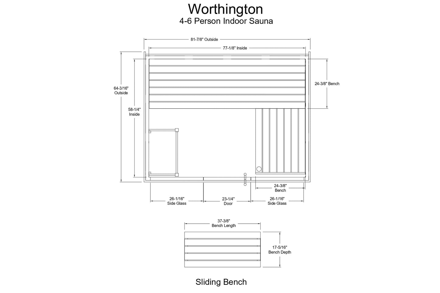 Worthington 4-6 person indoor sauna with front door, side glass panels, horizontal wood slats, and dual benches, technical fl