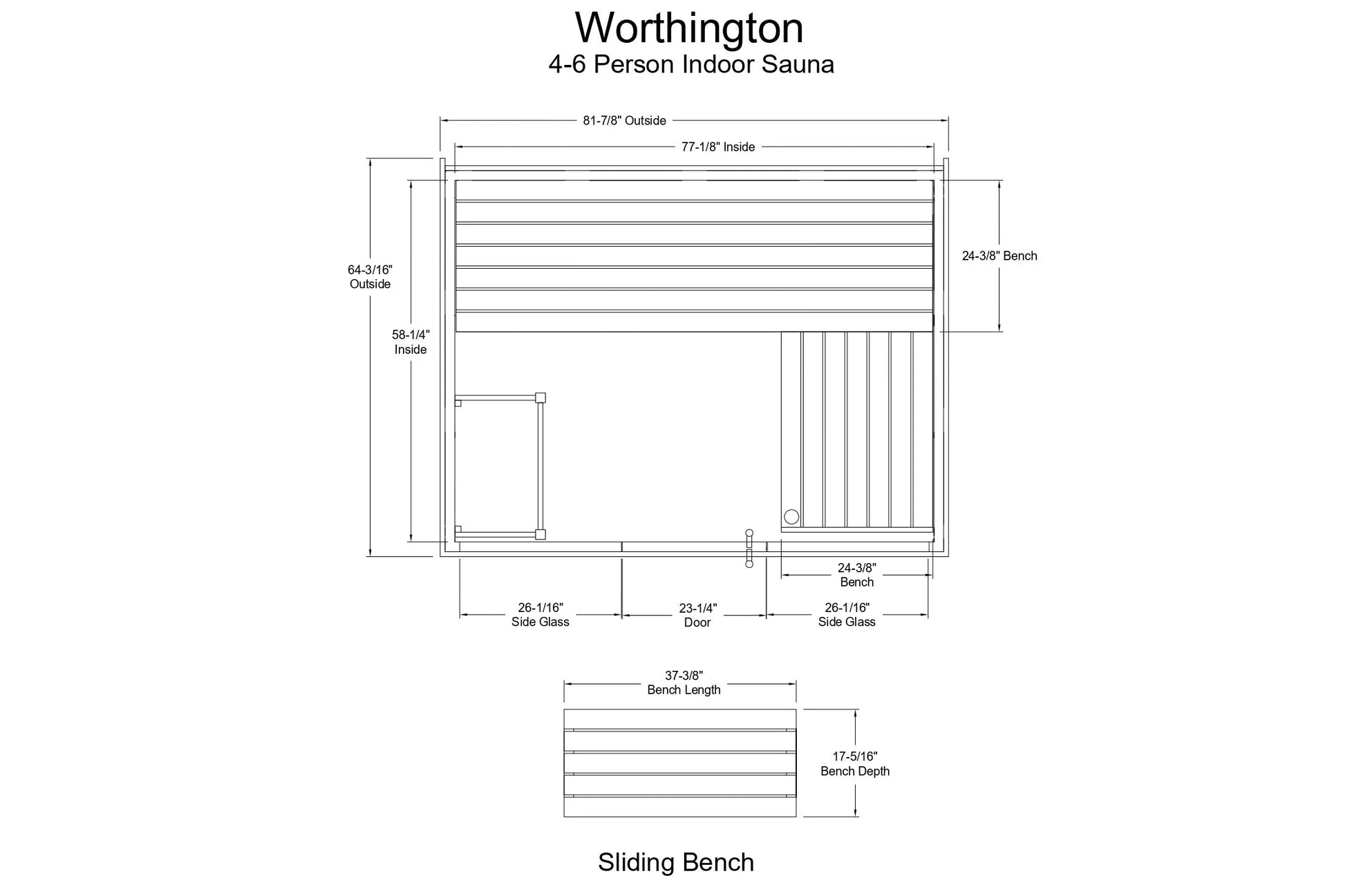 Worthington 4-6 person indoor sauna with front door, side glass panels, horizontal wood slats, and dual benches, technical fl