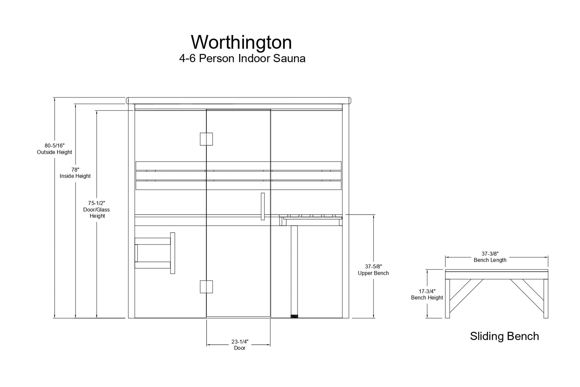 Worthington 4-6 person indoor sauna technical blueprint showing dimensions, interior layout with benches, door opening, and s