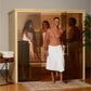 Almost Heaven Worthington indoor sauna with light wood frame, glass doors, and multiple people inside on wooden benches