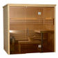 Almost Heaven Worthington cedar sauna with glass front doors, interior benches, and light on white background