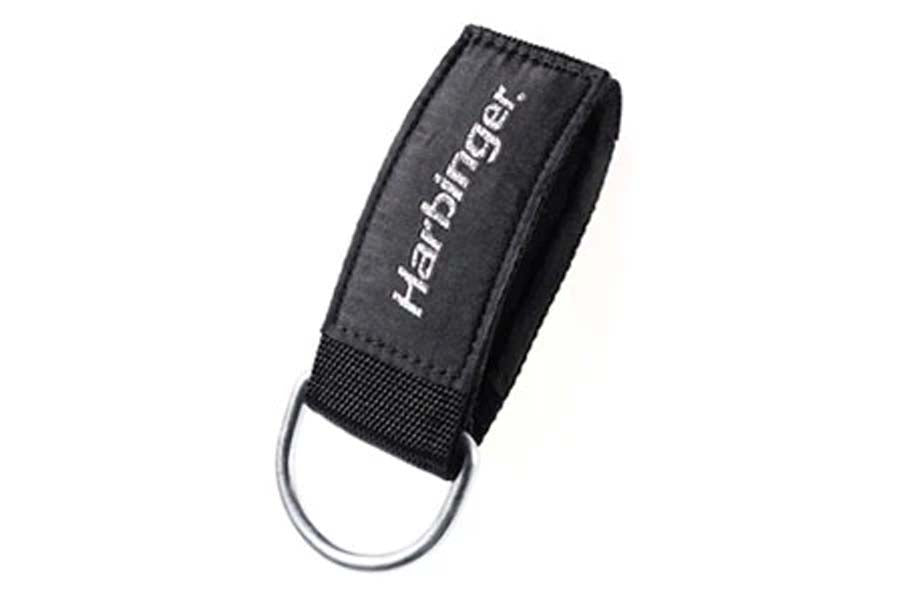 Black neoprene ankle cuff with Harbinger branding and metal D-ring attachment, displayed on white background