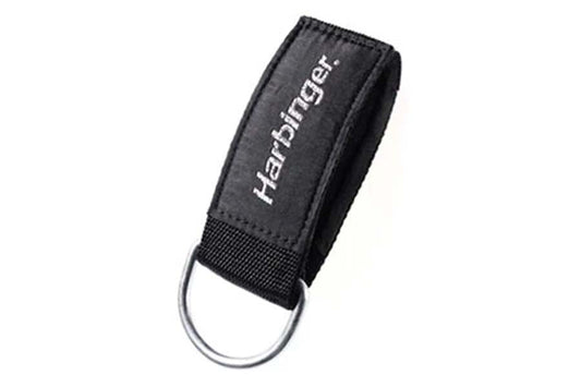 Black neoprene ankle cuff with Harbinger branding and metal D-ring attachment, displayed on white background