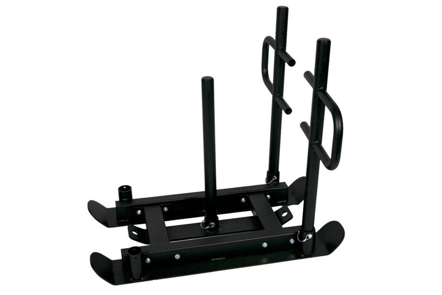 Black metal push-pull sled with curved handles and foot plates, shown against white background