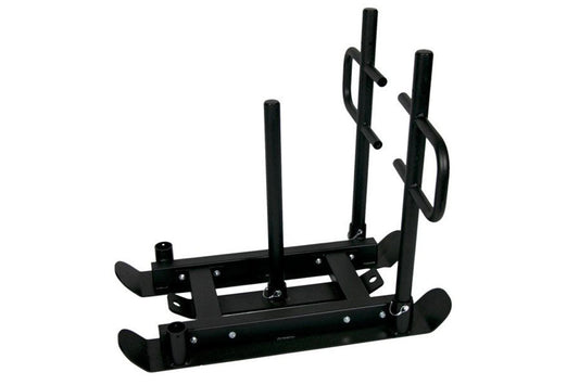 Black metal push-pull sled with curved handles and foot plates, shown against white background