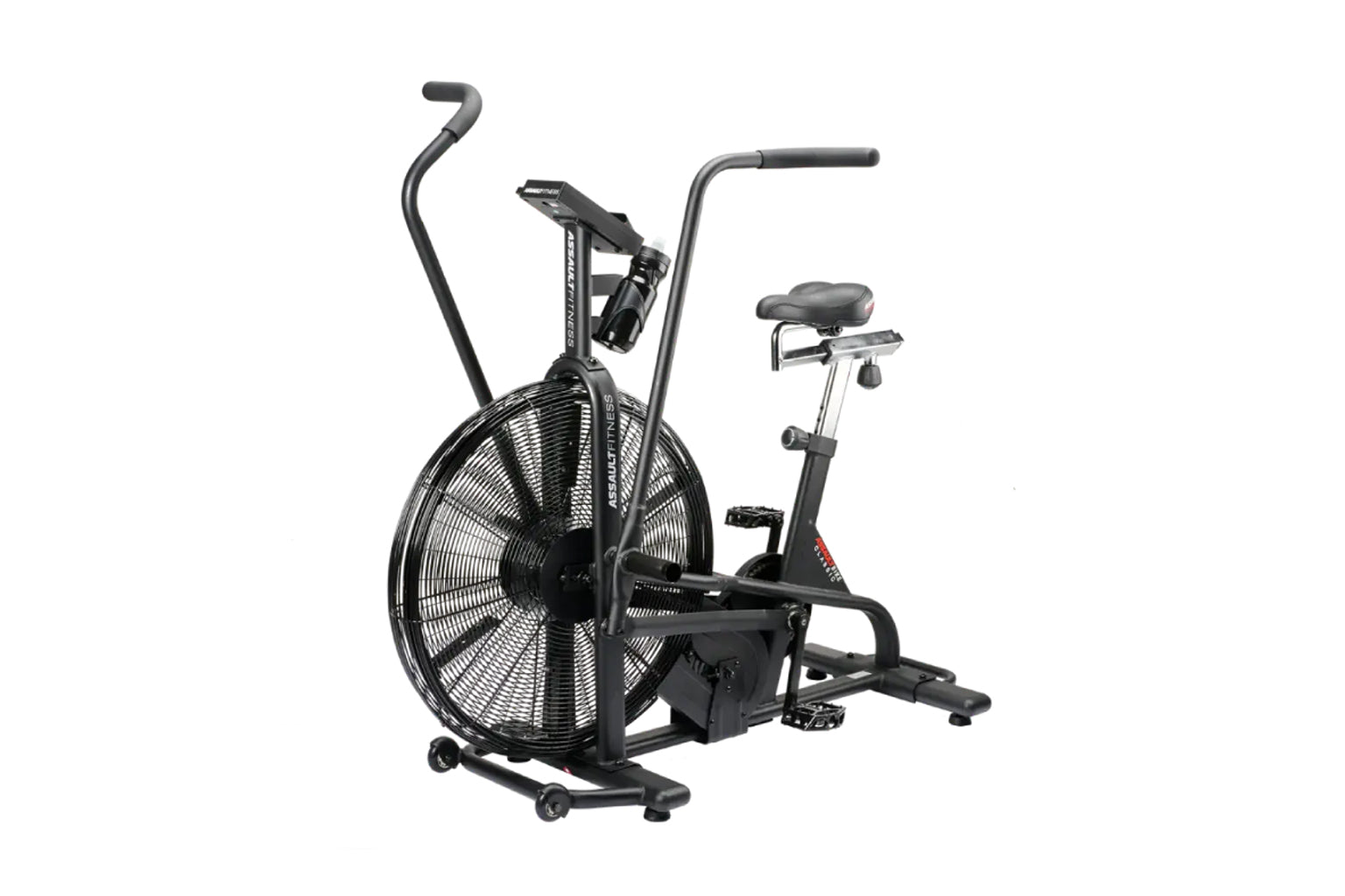 Black air bike with large fan wheel, dual handlebars, padded seat, and footrests on white background