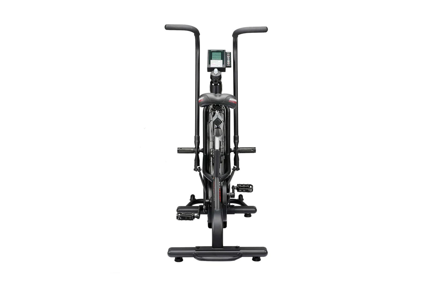Black upright air bike with digital monitor display, dual handles, pedals, and wide base on white background